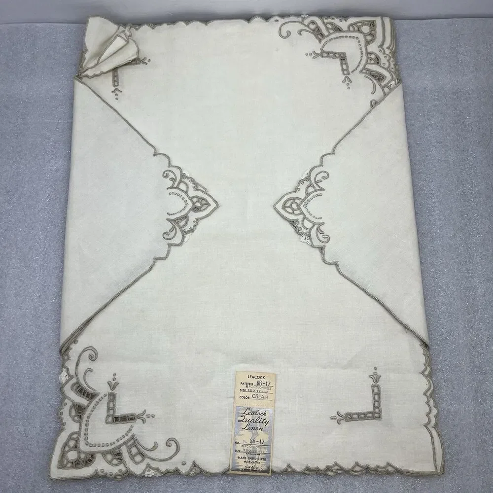 Vtg Leacock Linen Placemats Set of 8 Cream Hand Embroidered Spain Canary Island